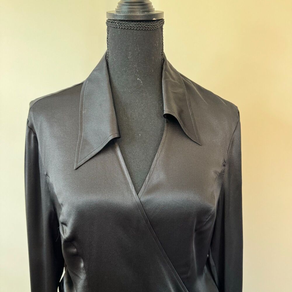 Escada 100% Silk Black Wrap Around Blouse with Crystal Button Cuff Size 8 - Picture 2 of 7